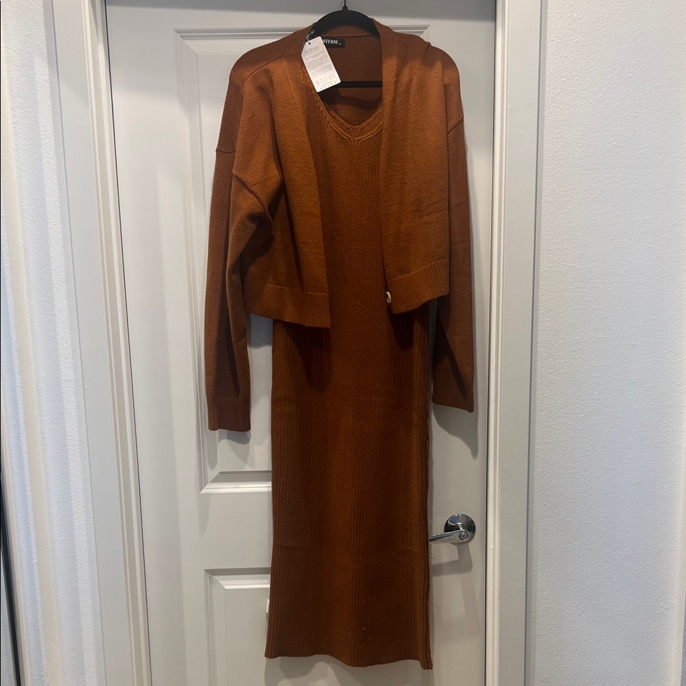 Rust Knit Midi Dress with Matching Cardigan
